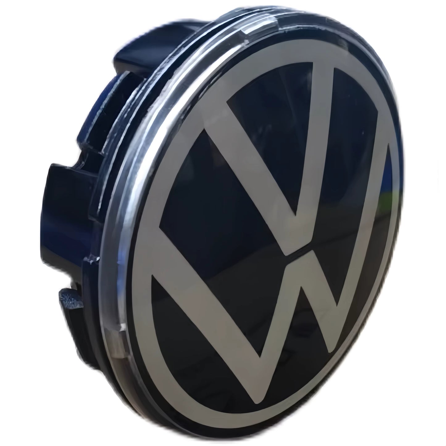 Detailed macro shot of Volkswagen 55mm centre cap texture and logo finish