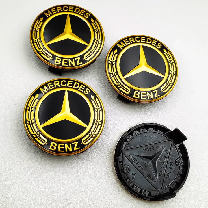 Mercedes 75mm Wheel Center Caps - Luxury Gold Emblem Star Badges (4Pcs Set)