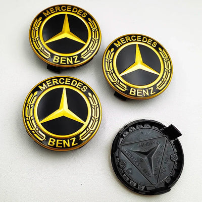 Mercedes 75mm Wheel Center Caps - Luxury Gold Emblem Star Badges (4Pcs Set)