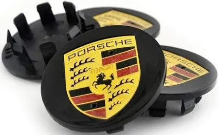 65mm black Porsche wheel centre caps with logo – matte finish OEM replacement