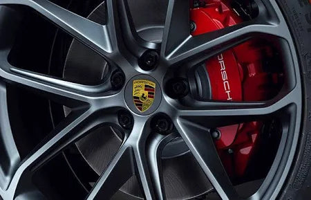 Porsche 65mm grey wheel centre caps fitted on alloy wheels – sleek factory look