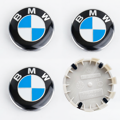 Close-up of BMW wheel centre caps with blue and white logo design