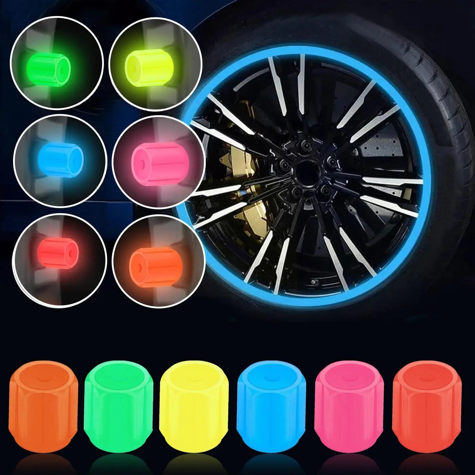 Luminous Night Glowing Wheel Valve Caps – Fluorescent Tyre Stem Caps for Car & Bike