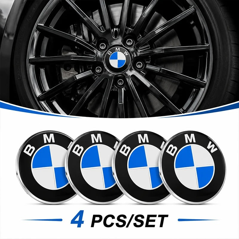 BMW 68mm Wheel Centre Caps - Classic Blue & White Alloy Badges (4-Piece Set)