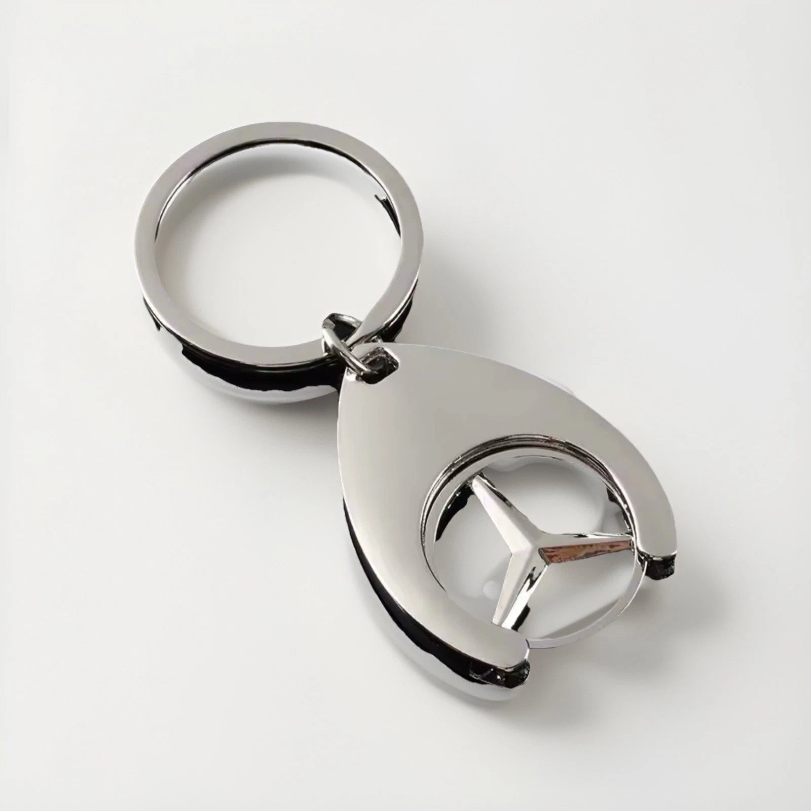 Mercedes Benz Silver Stainless Keyring Car Key Chain with Trolley Token
