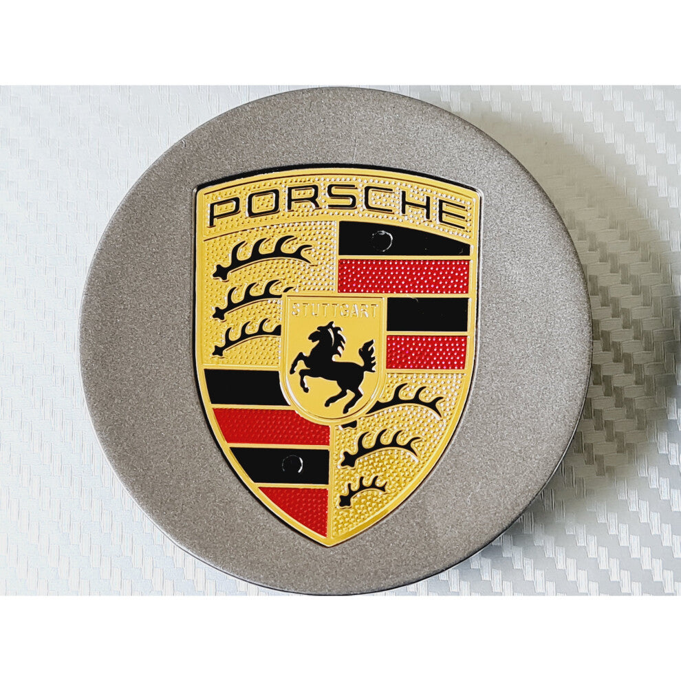 Close-up of Porsche grey 65mm wheel cap logo – premium OEM quality finish