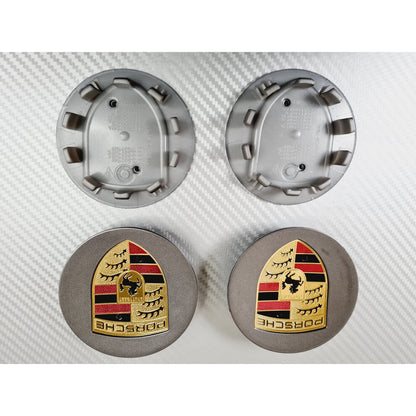 65mm grey Porsche wheel centre caps front view – elegant finish with logo