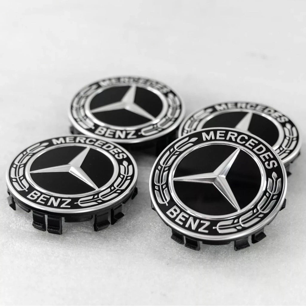 Mercedes 75mm Raised Star Hub Cover Wheel Caps - Gloss Black & Chrome (4 Pcs)