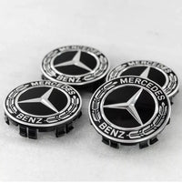 Mercedes 75mm Raised Star Hub Cover Wheel Caps - Gloss Black & Chrome (4 Pcs)