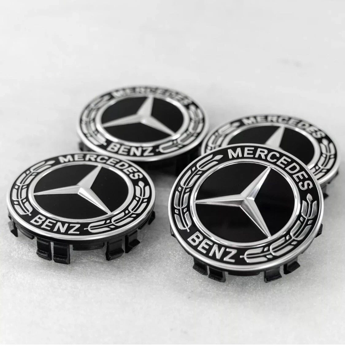 Mercedes 75mm Raised Star Hub Cover Wheel Caps - Gloss Black & Chrome (4 Pcs)