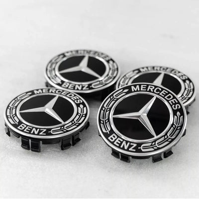 Mercedes 75mm Raised Star Hub Cover Wheel Caps - Gloss Black & Chrome (4 Pcs)