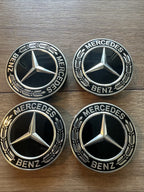Mercedes 75mm Raised Star Hub Cover Wheel Caps - Gloss Black & Chrome (4 Pcs)