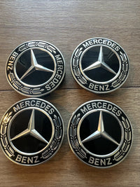 Mercedes 75mm Raised Star Hub Cover Wheel Caps - Gloss Black & Chrome (4 Pcs)