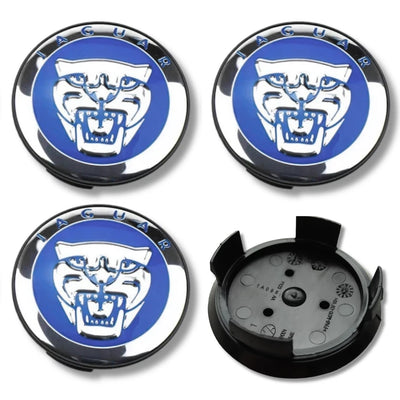 Jaguar 59mm Wheel Centre Caps - Custom Blue & Chrome Growler Badges (4 Pcs)