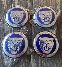 Jaguar 59mm Wheel Centre Caps - Custom Blue & Chrome Growler Badges (4 Pcs)