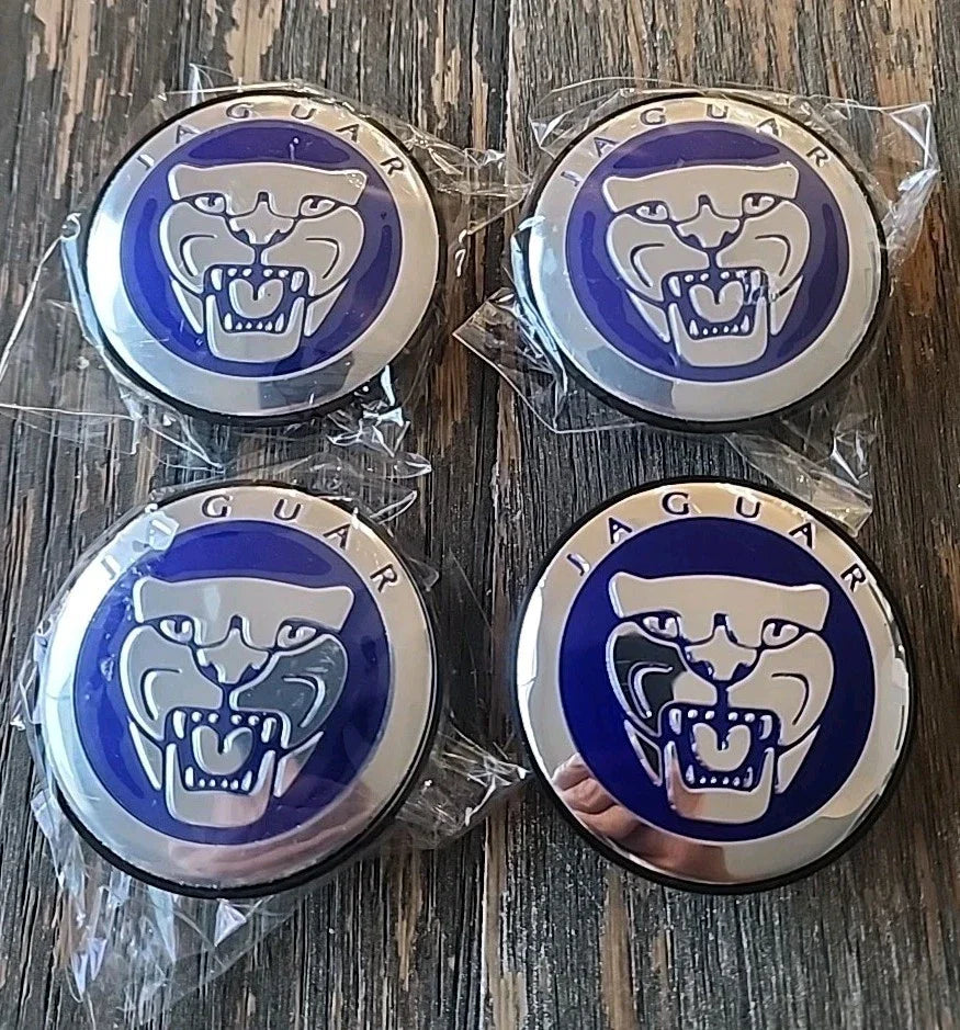 Jaguar 59mm Wheel Centre Caps - Custom Blue & Chrome Growler Badges (4 Pcs)