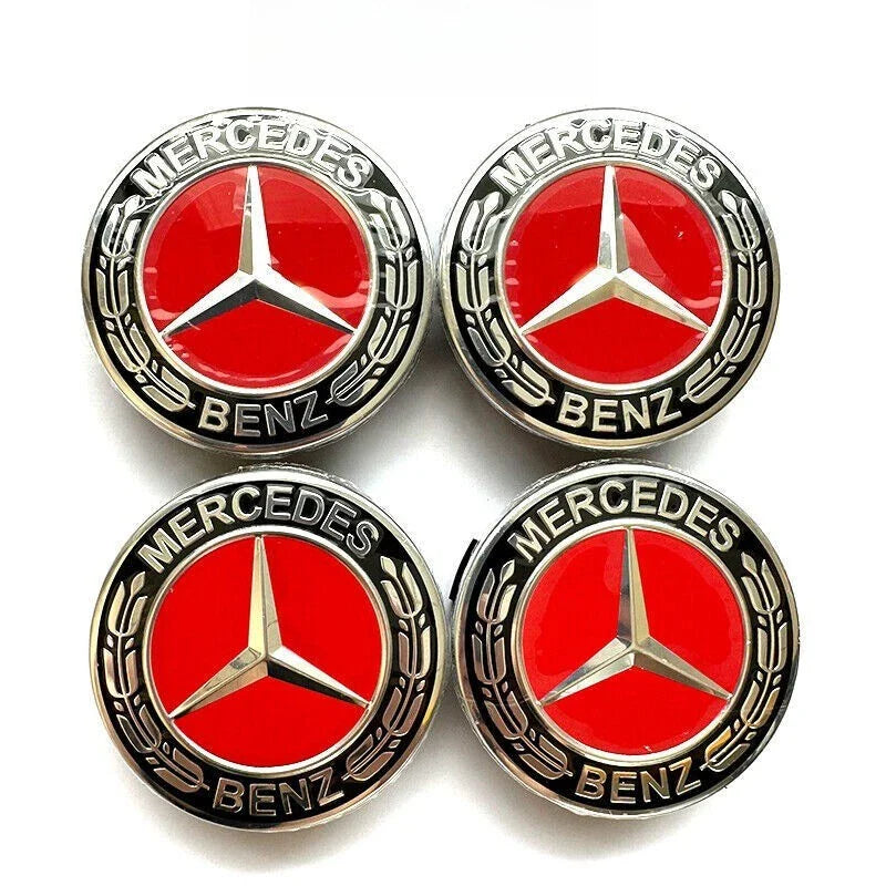 Mercedes 75mm Wheel Centre Caps - Sport Edition Red & Chrome Star Badges (4-Piece Set)