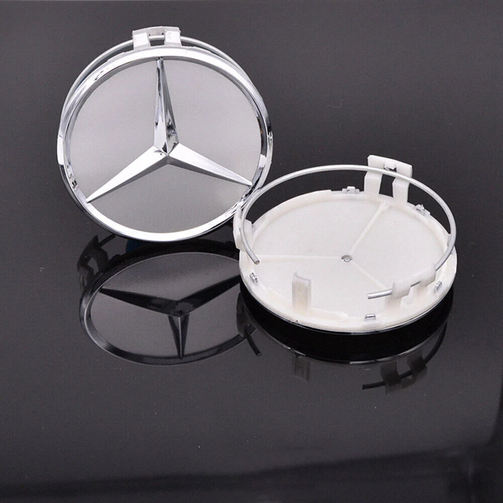 Mercedes 75mm Wheel Centre Caps - Classic Silver & Chrome Star Badges (4-Piece Set)