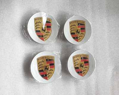 Porsche 76mm Wheel Center Caps - Silver Crest Alloy Badges (Set of 4)