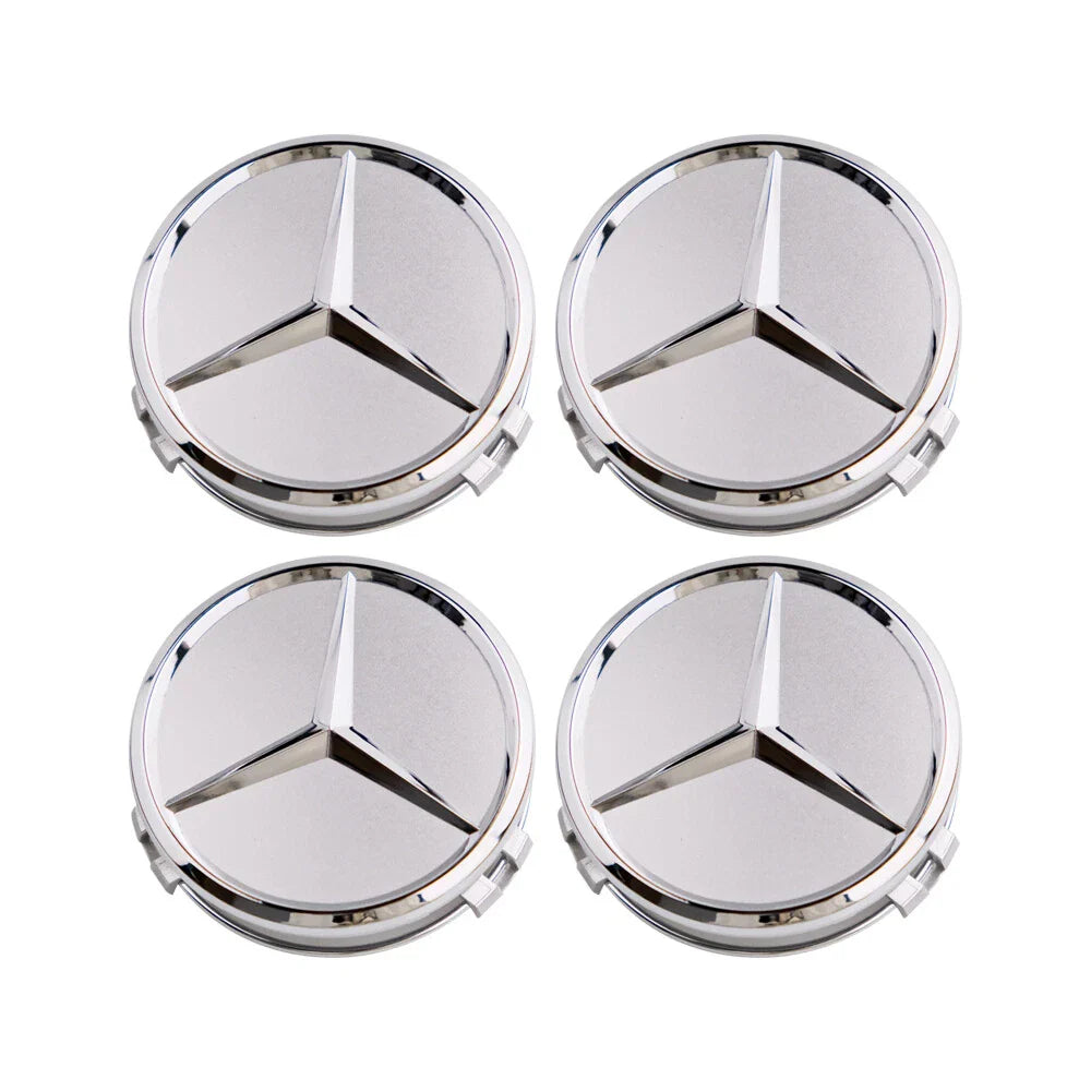 Mercedes 75mm Wheel Centre Caps - Classic Silver & Chrome Star Badges (4-Piece Set)