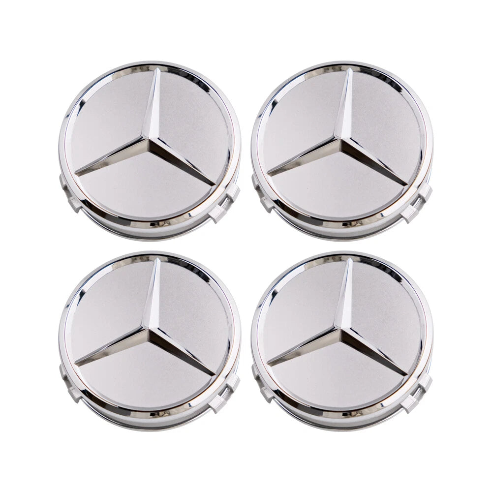 Mercedes 75mm Wheel Centre Caps - Classic Silver & Chrome Star Badges (4-Piece Set)