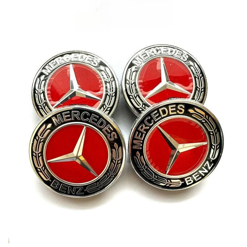 Mercedes 75mm Wheel Centre Caps - Sport Edition Red & Chrome Star Badges (4-Piece Set)