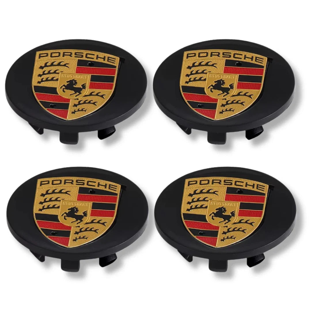 Porsche 76mm Wheel Centre Caps - Gloss Black Performance Crest Badges (4 Pcs)