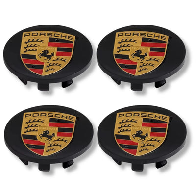 Porsche 76mm Wheel Centre Caps - Gloss Black Performance Crest Badges (4 Pcs)