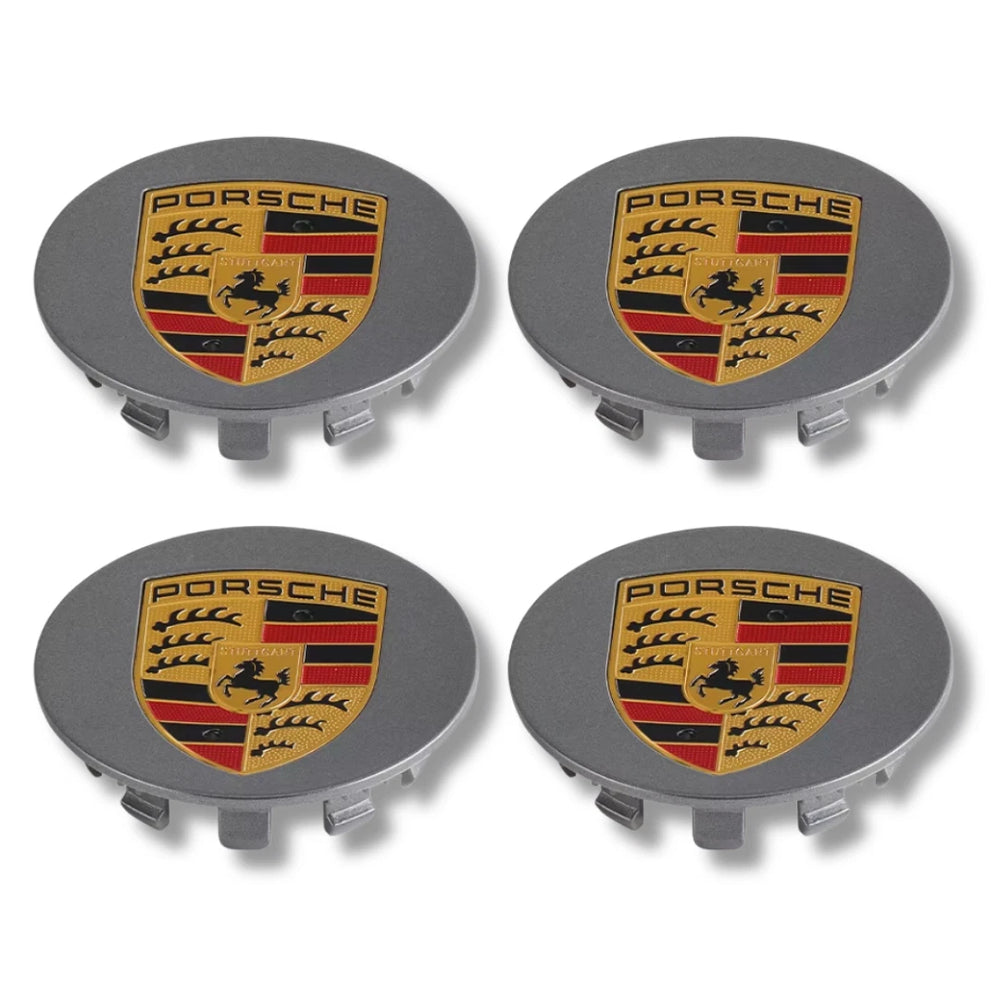 Porsche 65mm Wheel Caps - Matte Grey Alloy Centre Badges (4-Piece Set)