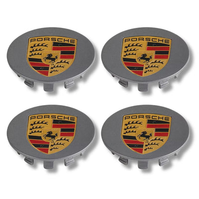 Porsche 65mm Wheel Caps - Matte Grey Alloy Centre Badges (4-Piece Set)