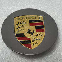 Porsche 65mm Wheel Caps - Matte Grey Alloy Centre Badges (4-Piece Set)