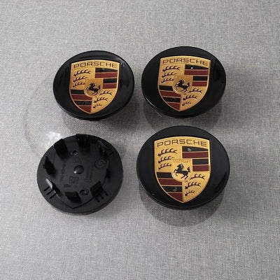 Porsche 65mm Wheel Centre Caps - Compact Gloss Black Crest Badges (4 Pcs)