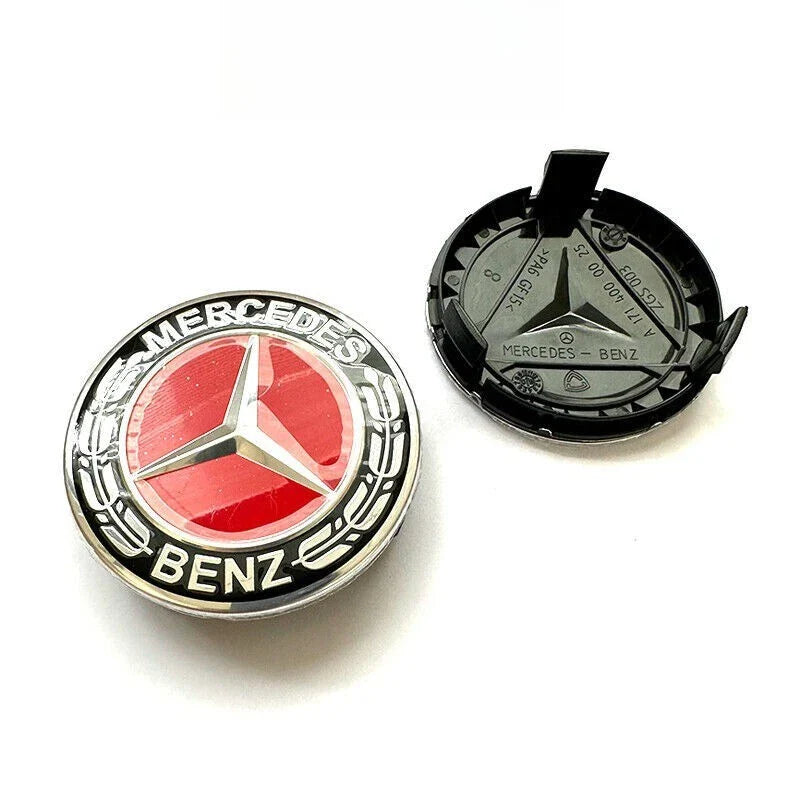 Mercedes 75mm Wheel Centre Caps - Sport Edition Red & Chrome Star Badges (4-Piece Set)