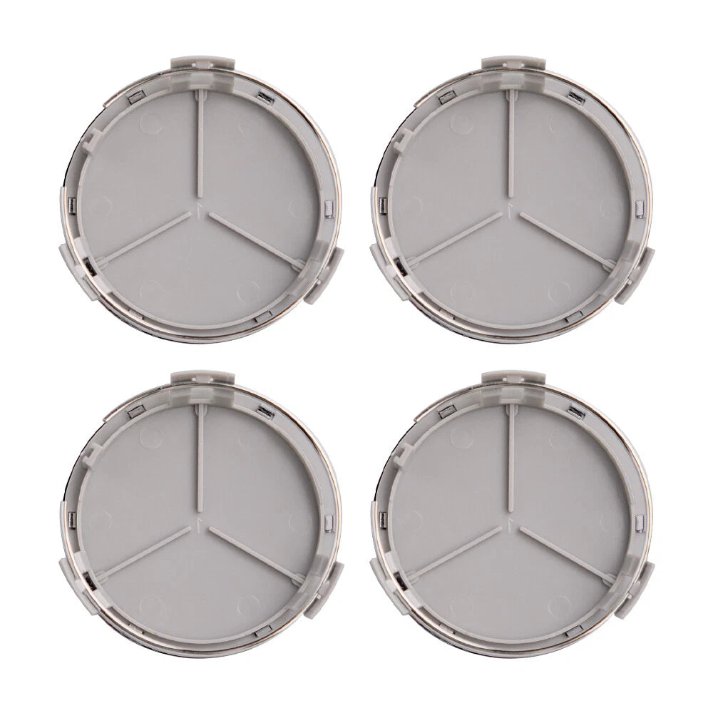 Mercedes 75mm Wheel Centre Caps - Classic Silver & Chrome Star Badges (4-Piece Set)