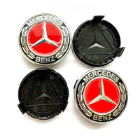 Mercedes 75mm Wheel Centre Caps - Sport Edition Red & Chrome Star Badges (4-Piece Set)