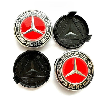 Mercedes 75mm Wheel Centre Caps - Sport Edition Red & Chrome Star Badges (4-Piece Set)