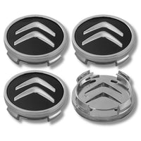 Citroen 60mm Wheel Centre Caps - Gloss Black & Chrome Badges (4 Pcs)