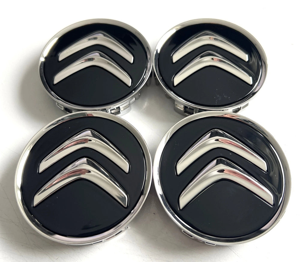 Citroen 60mm Wheel Centre Caps - Gloss Black & Chrome Badges (4 Pcs)