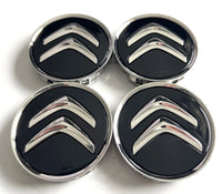 Citroen 60mm Wheel Centre Caps - Gloss Black & Chrome Badges (4 Pcs)