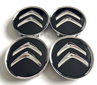 Citroen 60mm Wheel Centre Caps - Gloss Black & Chrome Badges (4 Pcs)