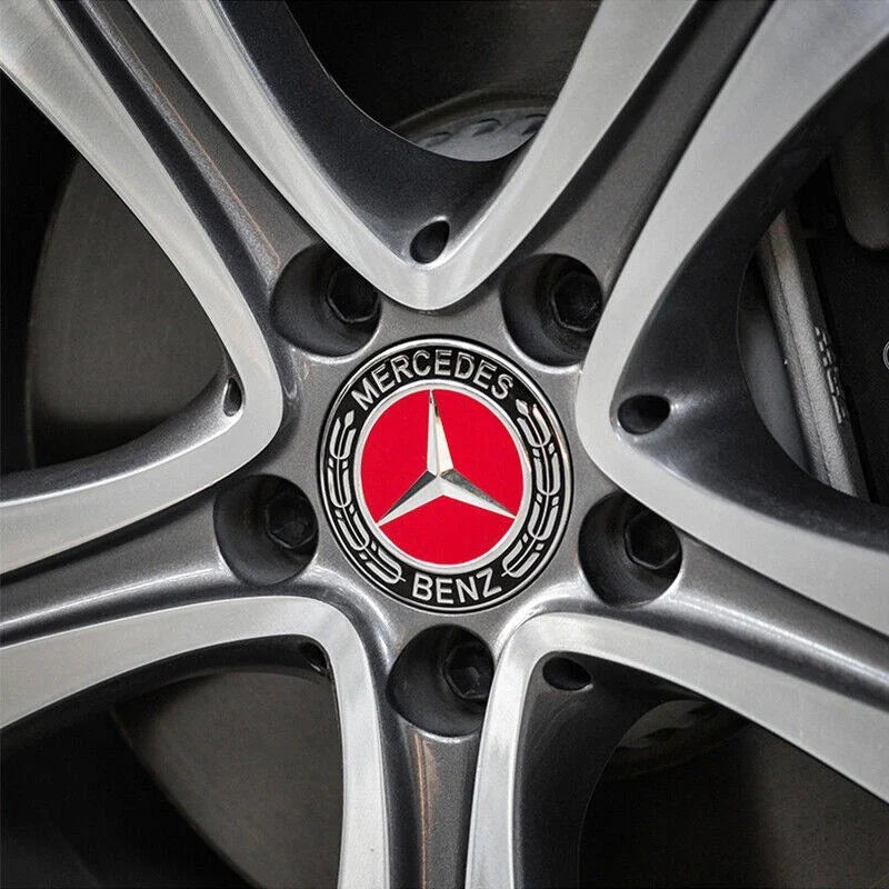 Mercedes 75mm Wheel Centre Caps - Sport Edition Red & Chrome Star Badges (4-Piece Set)