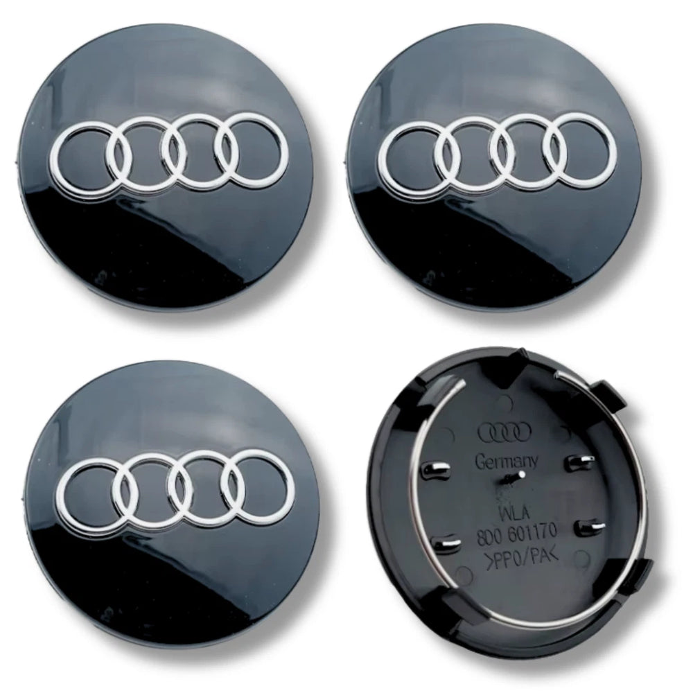 Audi 60mm Wheel Centre Caps - Gloss Black 4-Ring Alloy Badges (4-Piece Set)