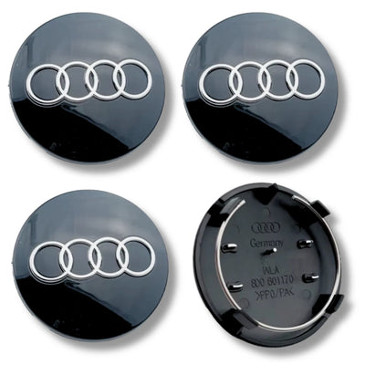 Audi 60mm Wheel Centre Caps - Gloss Black 4-Ring Alloy Badges (4-Piece Set)