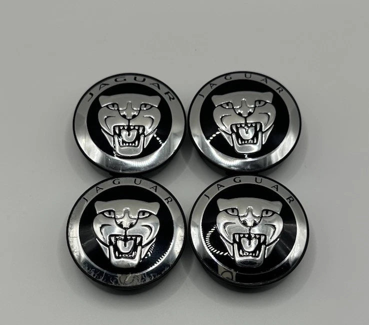 Jaguar 59mm Wheel Centre Caps - Gloss Black Growler Badges (4-Piece Set)
