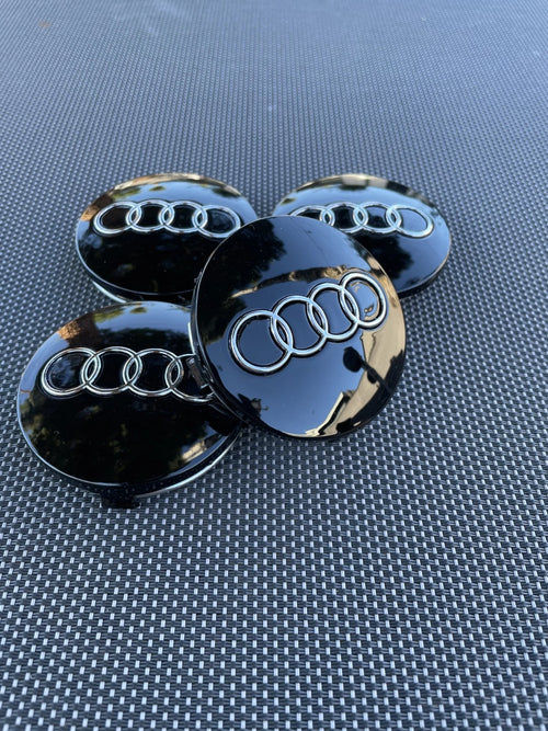 Audi 60mm Wheel Centre Caps - Gloss Black 4-Ring Alloy Badges (4-Piece Set)