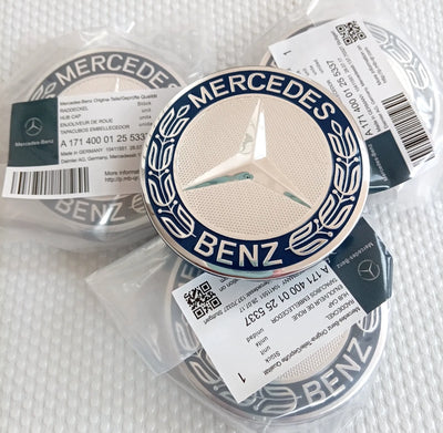 Mercedes 75mm Wheel Centre Caps - Traditional Blue Laurel Wreath Badges (4 Pcs)