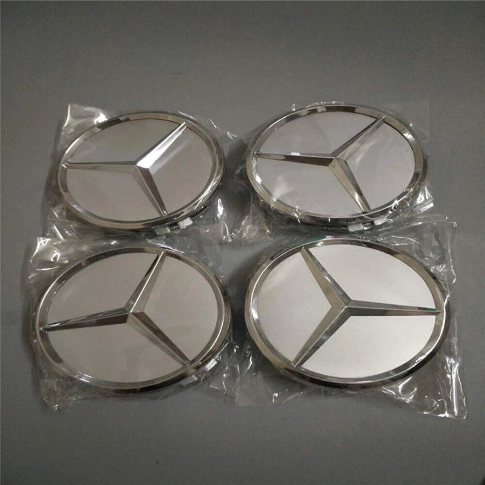Mercedes 75mm Wheel Centre Caps - Classic Silver & Chrome Star Badges (4-Piece Set)