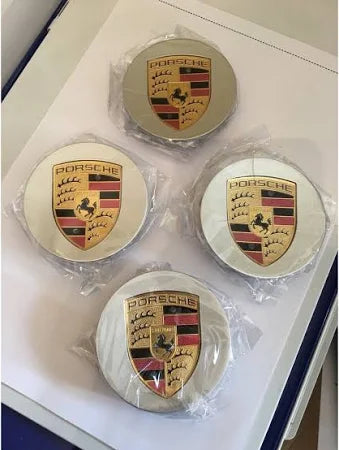 Genuine-style Porsche 76mm centre caps with silver crest for 911, Macan, Cayenne